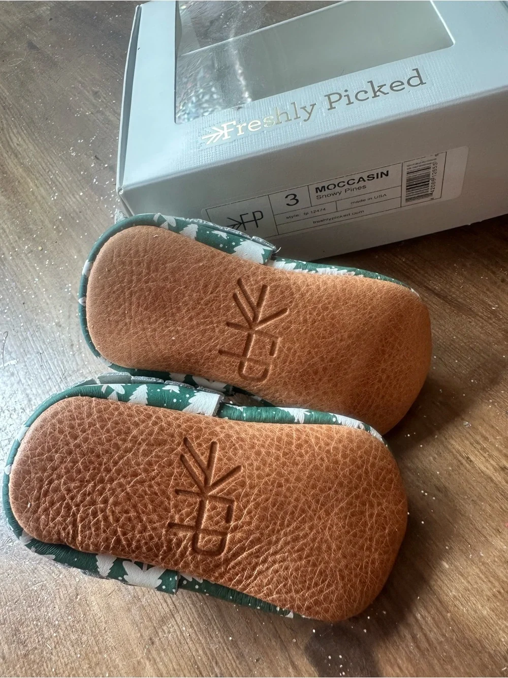 Freshly Picked Green Tree Print Baby Moccasins with White Trees